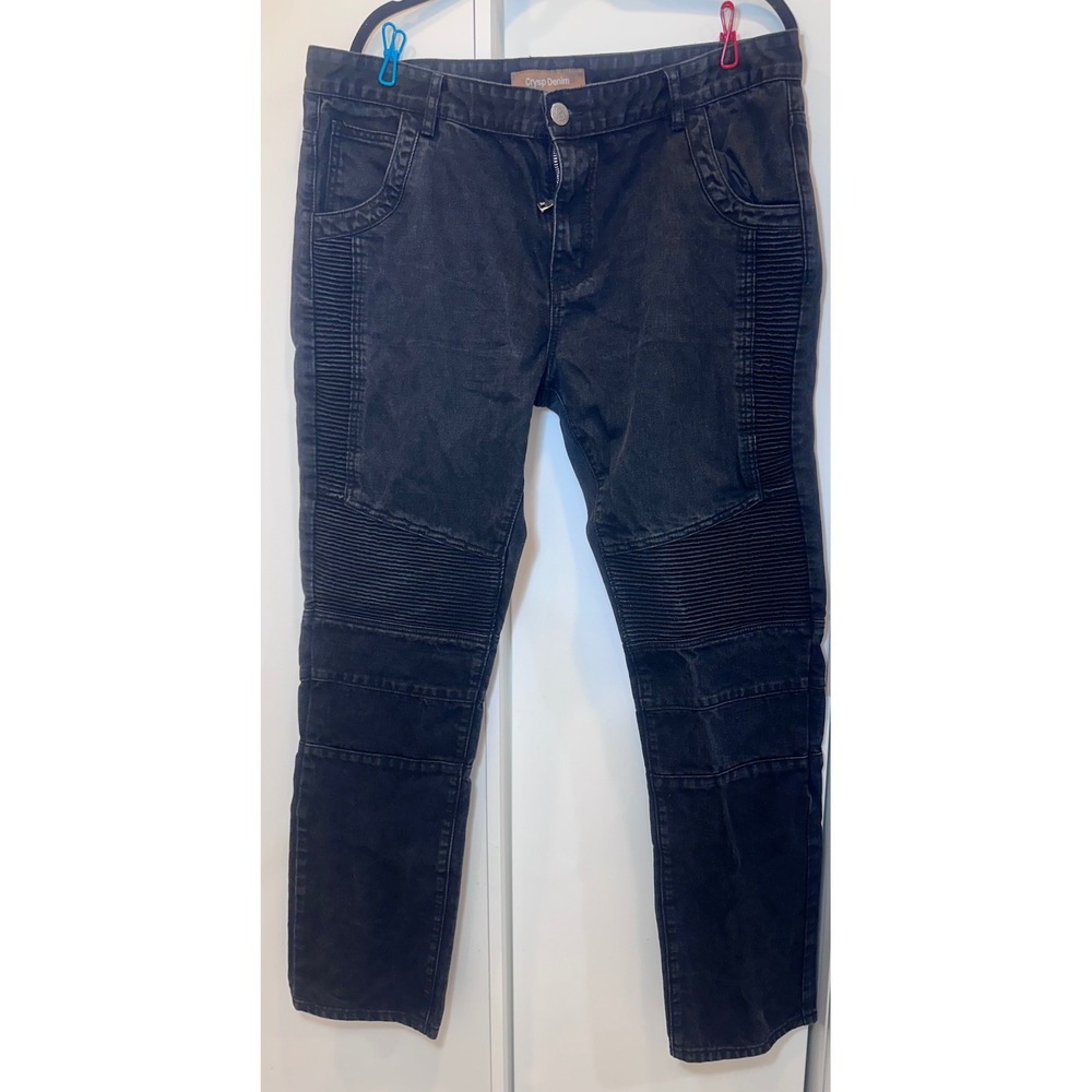 Crysp Denim Mens Moto Biker Jeans Size 40 Faded Black Ribbed Panel Streetwear